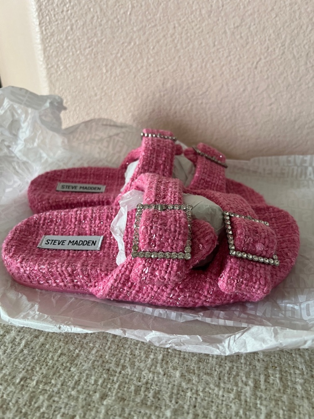 Steve Madden - Pink Tweed Sandstorm Sandals - Picture 6 of 7